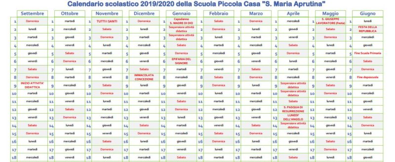 Calendario scolastico 2019/2020